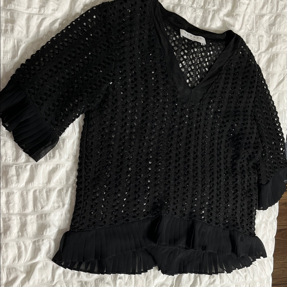 Sandro Black Crochet Ruffle Blouse